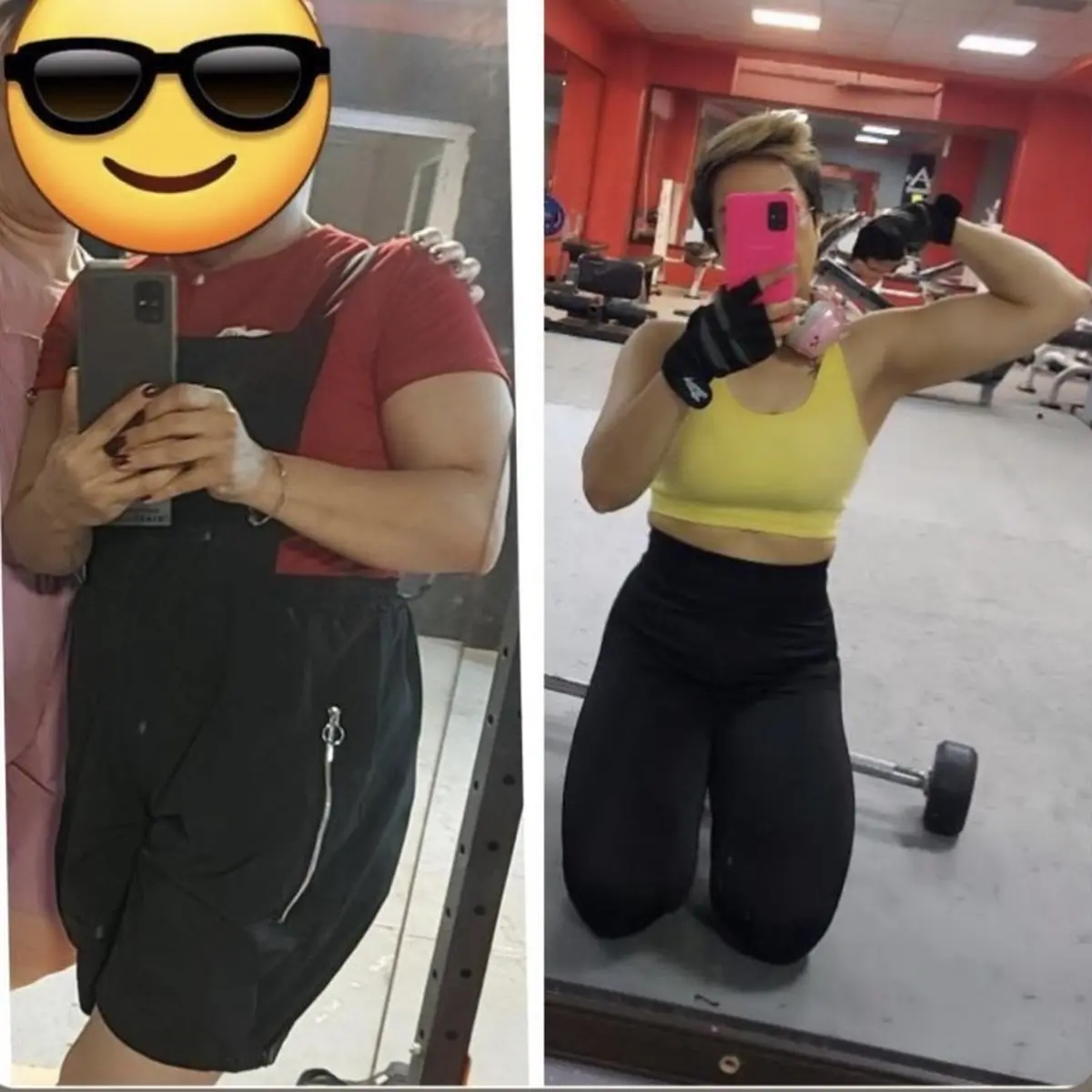 Side-by-side client progress photographs taken in a gym setting.