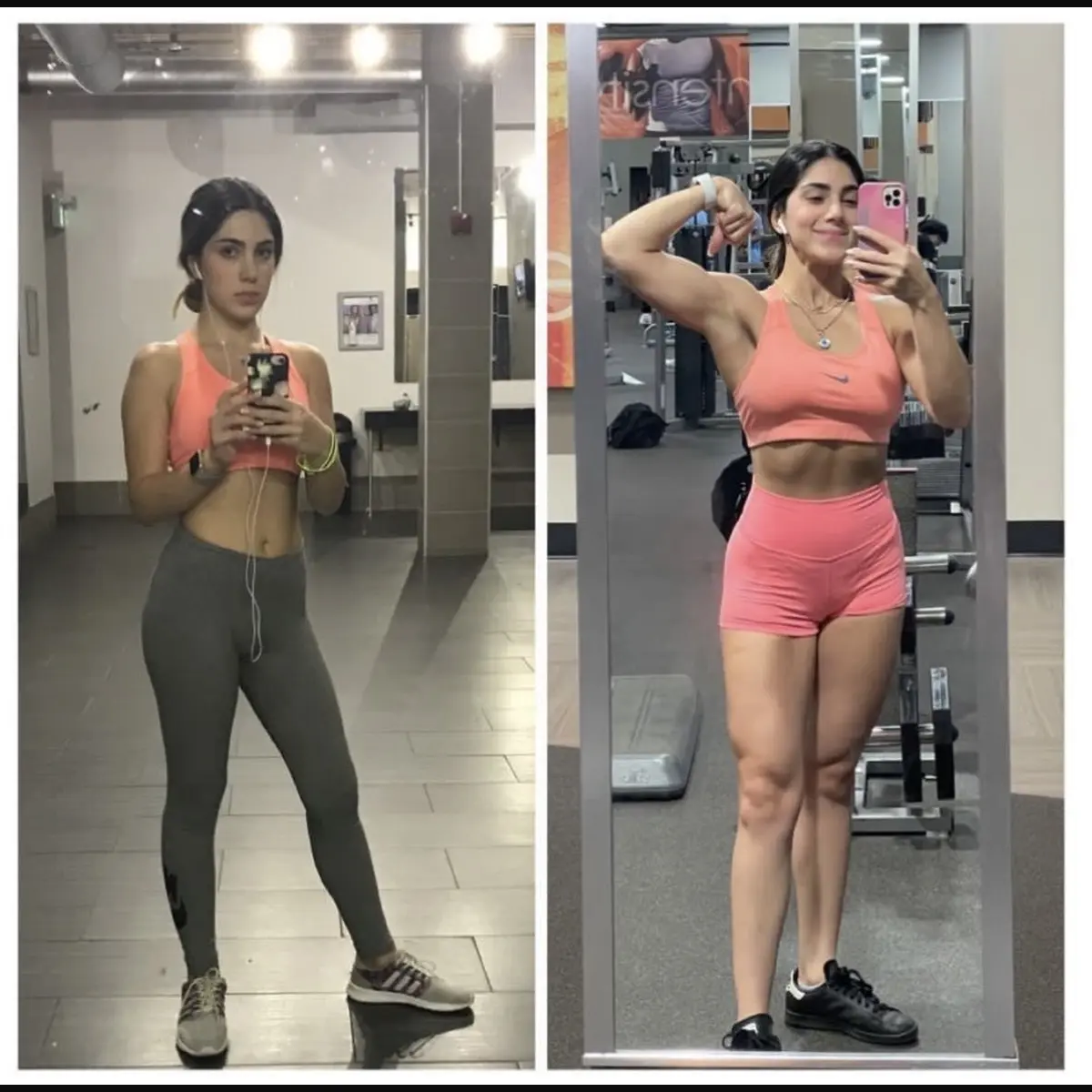 Side-by-side client progress photographs taken in a gym.