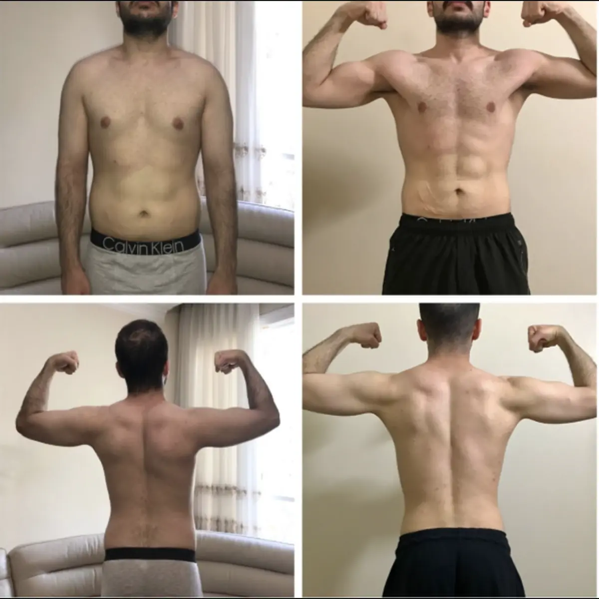 Before-and-after transformation photographs of Rayan from front and back views.