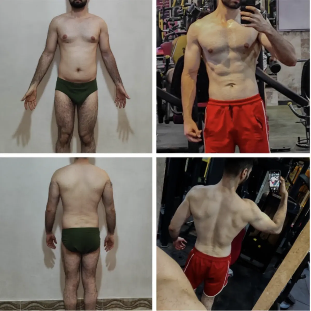 Before-and-after transformation photographs of Ali from front and back views.