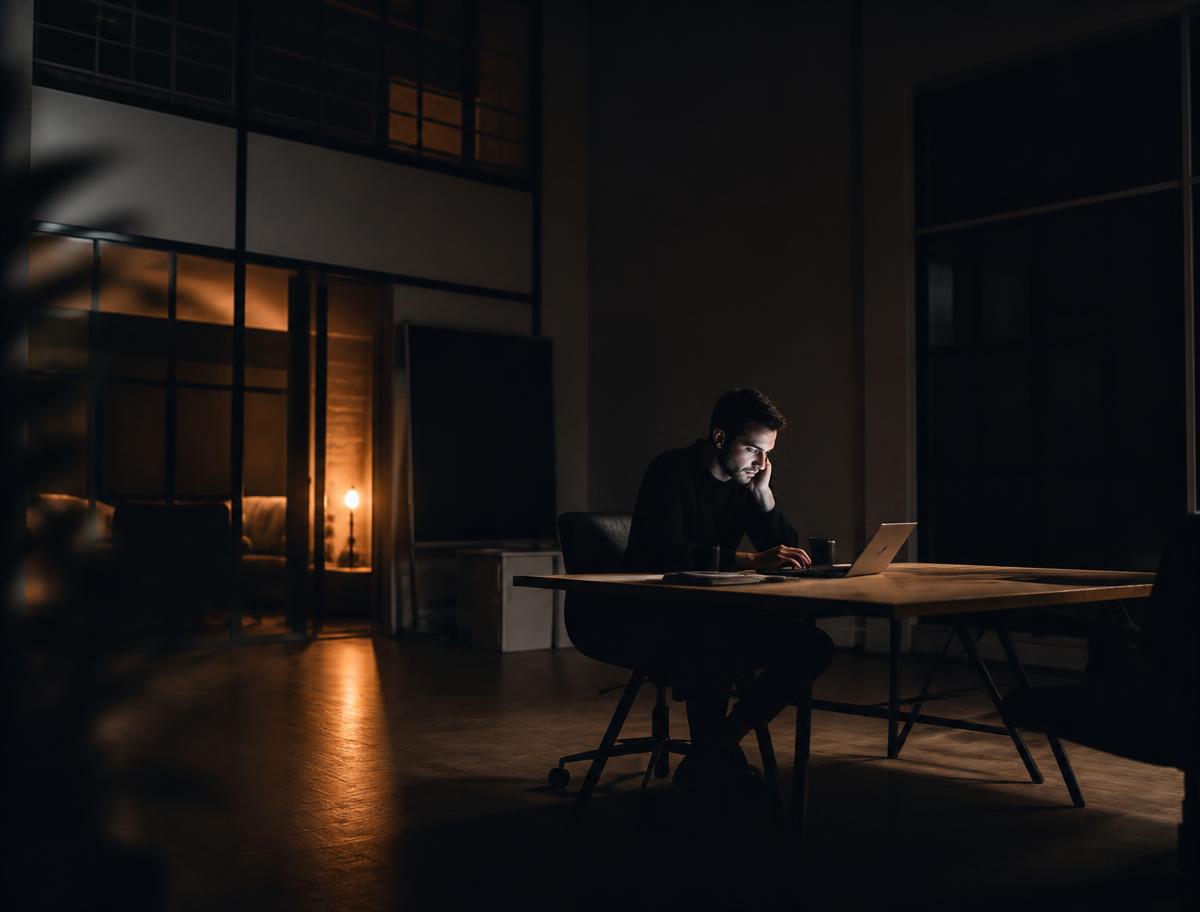 Temporary placeholder image: founder working late in a dim office