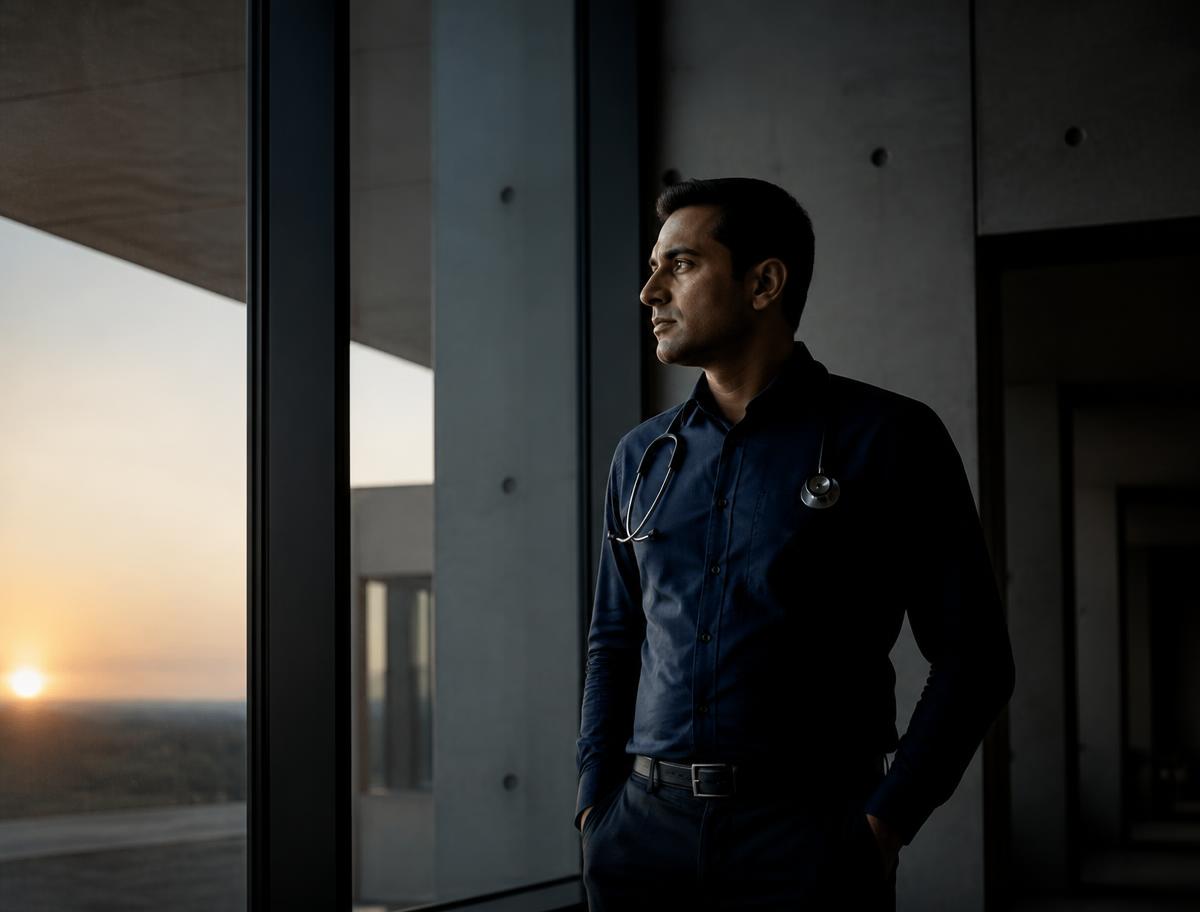 Temporary placeholder image: physician at a window at dawn