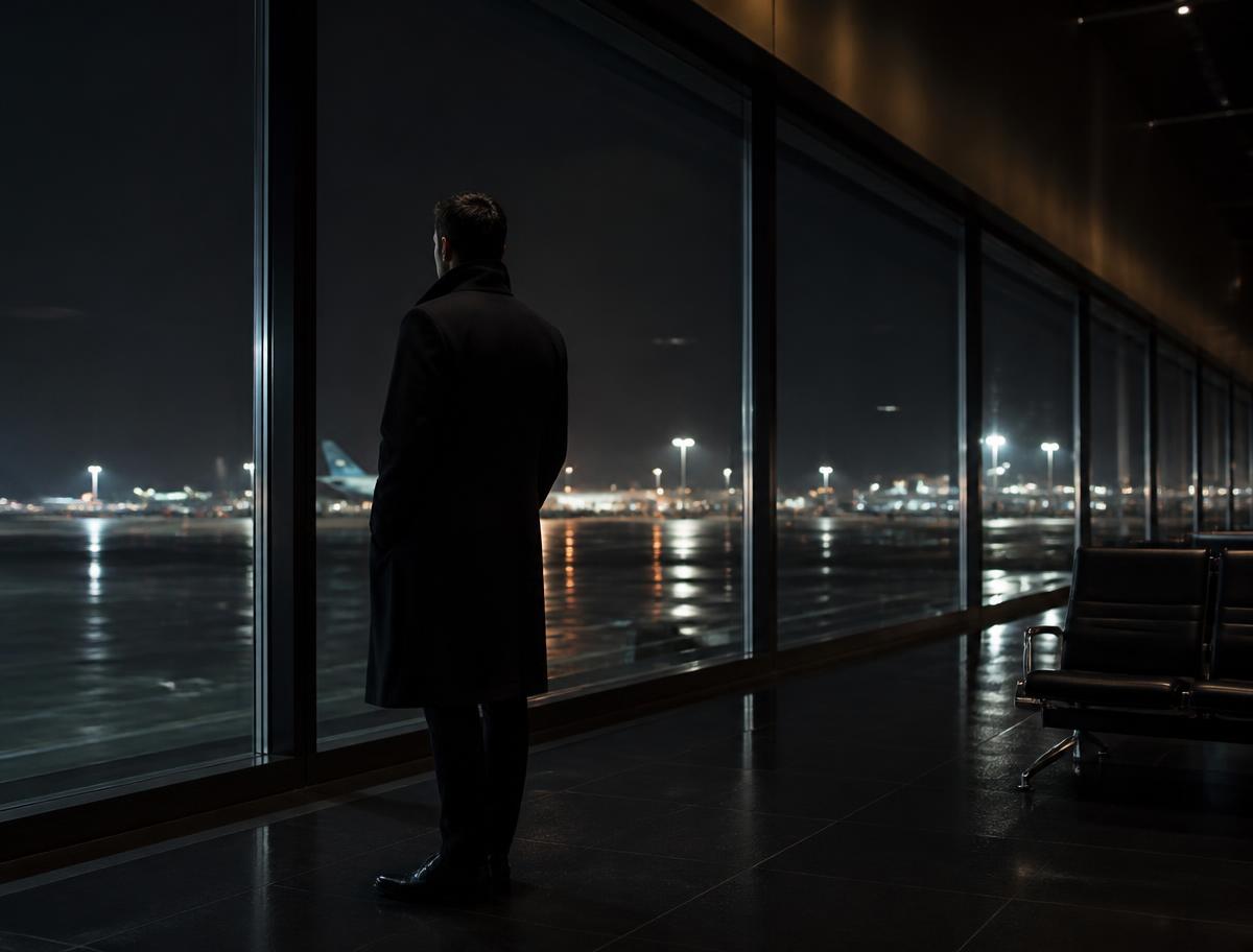Temporary placeholder image: traveller in a night airport terminal